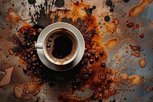 ai generiert ein dämpfen Tasse von Kaffee ruht elegant auf ein Metall Tisch, Gießen ein warm und einladend glühen im ein heiter Einstellung. foto