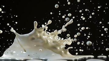 ai generiert Milch oder Weiß Flüssigkeit Spritzen isoliert auf schwarz Hintergrund foto