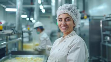 ai generiert ein Essen industriell Produktion Frau Arbeiter im voll Sicherheit Kleidung foto