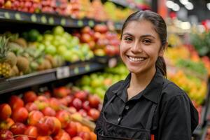 ai generiert lächelnd weiblich Supermarkt Obst Sektion Arbeiter suchen beim das Kamera foto