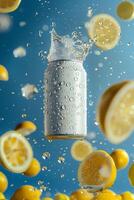 ai generiert ein Weiß können von Energie trinken mit Tropfen und Eis Würfel umgeben durch Zitronen foto