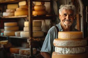 ai generiert Italienisch Käse Hersteller mit seine Stapel von gemacht foto