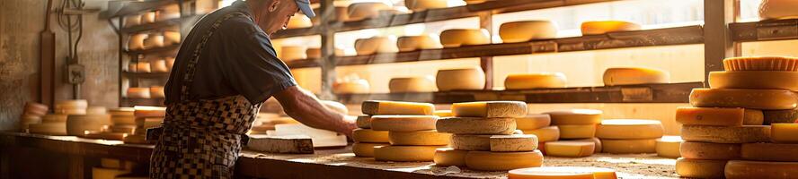 ai generiert Italienisch Käse Hersteller mit seine Stapel von gemacht foto