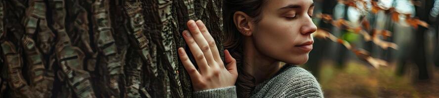 ai generiert nachdenklich Frau umarmen groß Baum Kofferraum im das Wald, Verbindung mit Natur foto