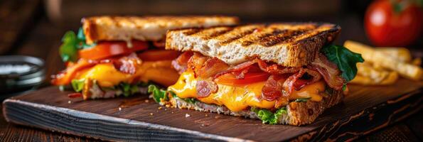 ai generiert ein lecker gegrillt Käse Sandwich mit Speck, Kopfsalat, Tomate und Avocado foto