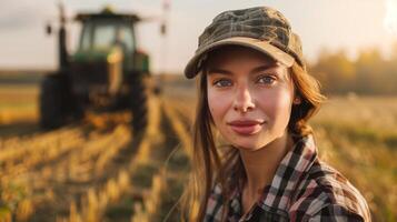 ai generiert schön weiblich Farmer im ein Deckel mit ein Traktor im das Hintergrund foto