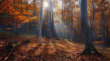 ai generiert sonnig Wald mit Sonnenlicht Filtern durch Blätter im fallen foto
