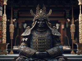 ai generiert dunkel Fantasie Samurai Statue foto