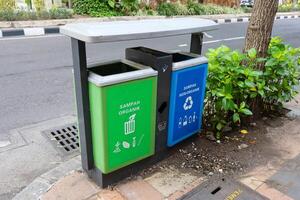 ein Müll Behälter mit Grün und Blau Farben. foto