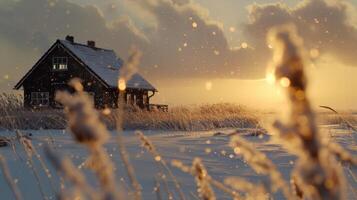 ai generiert Winter Landschaft beim Sonnenuntergang mit Gras und Haus im Hintergrund foto