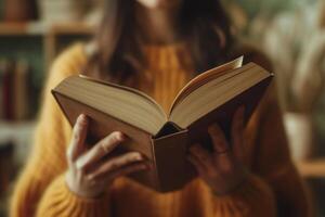 ai generiert Frau im ein Orange Sweatshirt hält ein öffnen Buch im ihr Hände, Fokus auf das Buch. Nahansicht öffnen Buch. foto