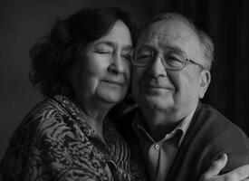 ai generiert glücklich Senior Paar. schwarz und Weiß Foto. foto