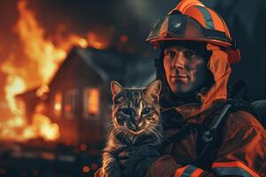 ai generiert ein Feuerwehrmann hält ein Gerettet erschrocken Katze im seine Waffen. Verbrennung Haus im das Hintergrund. foto