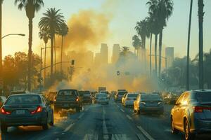 ai generiert Luft Verschmutzung kommt von dicht Auto der Verkehr im Stadt Fachmann Fotografie foto