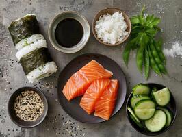 ai generiert etwas roh Zutaten zu machen Sushi foto