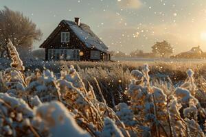 ai generiert Winter Landschaft beim Sonnenuntergang mit Gras und Haus im Hintergrund foto