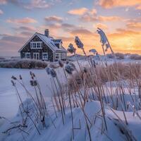 ai generiert Winter Landschaft beim Sonnenuntergang mit Gras und Haus im Hintergrund foto