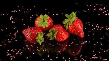 vier Erdbeeren sich ausruhen auf schwarz Oberfläche, beschwingt produzieren von Naturen Kopfgeld foto