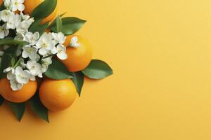 ai generiert Hintergrund mit Orangen auf Ast und Blume, Kopieren Raum. foto