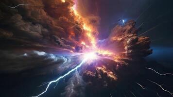 ai generiert kosmisch Katastrophe Rauch Wolken und Blitz Streiks foto