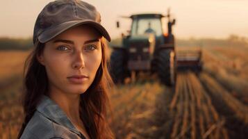 ai generiert schön weiblich Farmer im ein Deckel mit ein Traktor im das Hintergrund foto