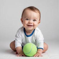 ai generiert ein Baby lächelnd mit ein Grün Tennis Ball foto