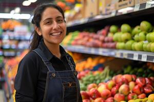 ai generiert lächelnd weiblich Supermarkt Obst Sektion Arbeiter suchen beim das Kamera foto