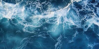 ai generiert abstrakt Blau Ozean Wellen abstürzen mit Weiß Schaum und spritzt Hintergrund. Wasser ausdrucksvoll, künstlerisch, Muster Textur Hintergrund Hintergrund foto