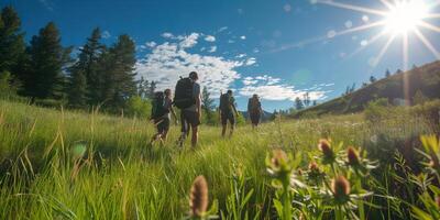 ai generiert Gruppe von freunde Wandern draußen im Wildnis, Natur und Berge im das Hintergrund. Wanderung Pfad, Abenteuer, gesund Aktivität Konzept foto