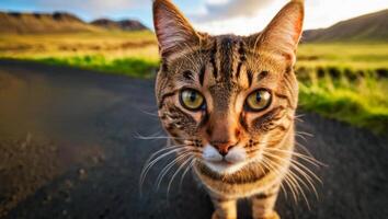 ein fesselnd Nahansicht von ein Tabby Katze mit auffällig Augen und gemustert Pelz foto