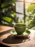 ai generiert Matcha Latté im Grün Tasse auf hölzern Hintergrund foto