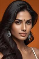 ai generiert Porträt von ein indisch Frau Modell- auf ein Orange Hintergrund foto