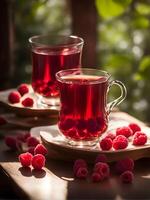 ai generiert Tee mit Himbeeren im ein transparent Tasse auf ein Sommer- sonnig Hintergrund foto