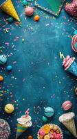 ai generiert bunt Geburtstag Hintergrund mit Mehrfarbig Party Artikel foto