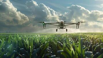 ai generiert ein landwirtschaftlich Drohne fliegt zu sprühen Düngemittel im das Felder Job foto