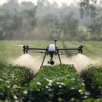 ai generiert ein landwirtschaftlich Drohne fliegt zu sprühen Düngemittel im das Felder Job foto