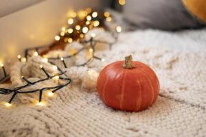 Herbst immer noch Leben. Kürbis auf Weiß gestrickt Plaid mit Girlande - - Halloween Zuhause Dekor, Konzept von fallen Jahreszeit, warm, Hygge, gemütlich, rustikal Stil Zuhause Dekor, Kopieren Raum, Banner foto