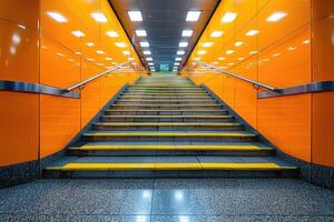ai generiert Ausfahrt und Eingang Treppe im Öffentlichkeit Bahnhof Fachmann Fotografie foto