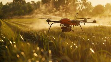 ai generiert ein landwirtschaftlich Drohne fliegt zu sprühen Düngemittel im das Felder Job beim Sonnenuntergang foto