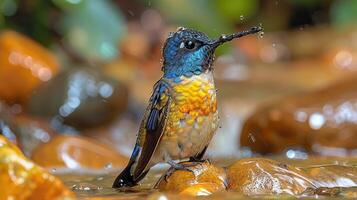 ai generiert ein sehr schön Kolibri in der Nähe von das Fluss foto