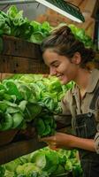 ai generiert weiblich Farmer pflücken cos Grüner Salat von ein hölzern Gemüse Container foto