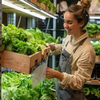 ai generiert weiblich Farmer pflücken cos Grüner Salat von ein hölzern Gemüse Container foto