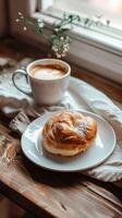 ai generiert ein Tasse von Cappuccino mit ein Brötchen foto