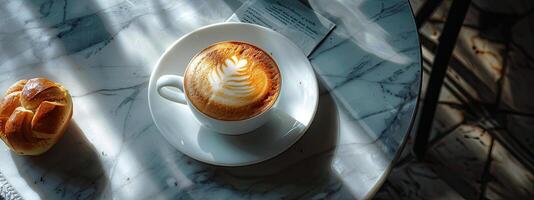 ai generiert ein Tasse von Cappuccino mit ein Brötchen foto