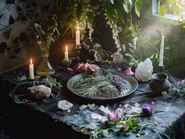 ai generiert mystisch Atmosphäre, Teller mit Kräuter Kerzen und Kristalle foto