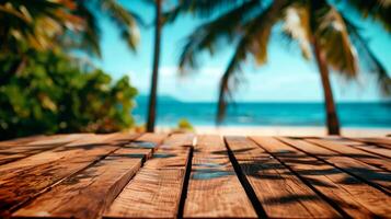 ai generiert Holz Tablette oben auf Blau glänzend Strand Sommer- mit Palme Bäume und leeren Raum zum Text oder Produkt Präsentation. heiß Sommer- Der Umsatz Konzept. foto