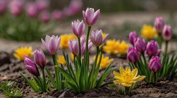 ai generiert Frühling Blumen auf Grün Rasen, überflutet mit hell Sonnenlicht, verschwommen Hintergrund. foto