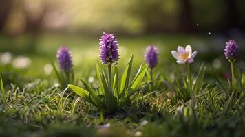 ai generiert Frühling Blumen auf Grün Rasen, überflutet mit hell Sonnenlicht, verschwommen Hintergrund. foto