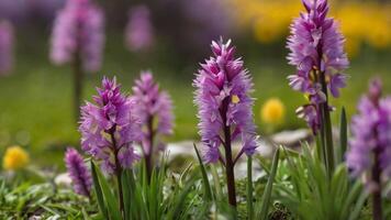 ai generiert Frühling Blumen auf Grün Rasen, überflutet mit hell Sonnenlicht, verschwommen Hintergrund. foto