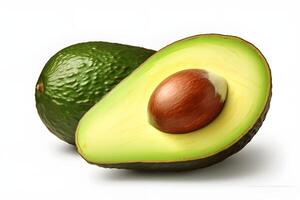 ai generiert Avocado auf ein Weiß Hintergrund, einer Teil ist Schnitt und das Grube ist sichtbar isoliert auf ein Weiß Hintergrund foto